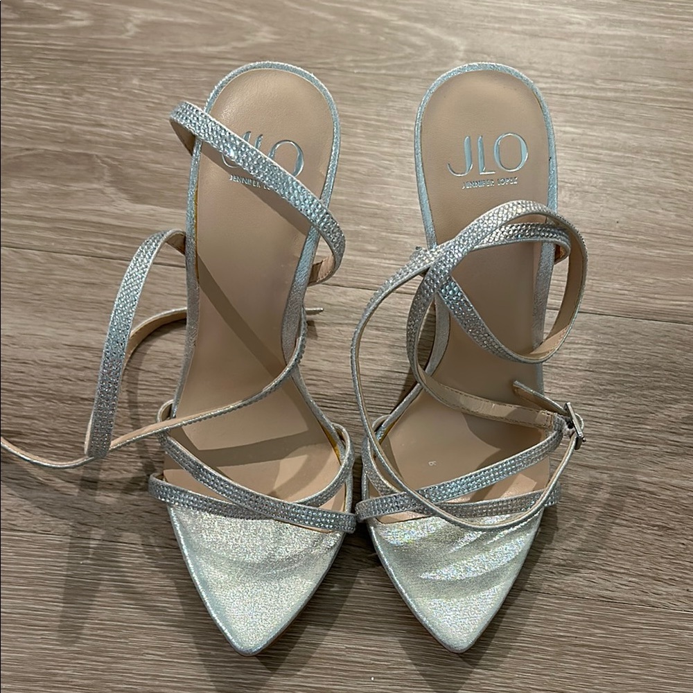 JLO Jennifer Lopez Silver Glitter Heels – Strappy Pointed Toe Dress Sandals